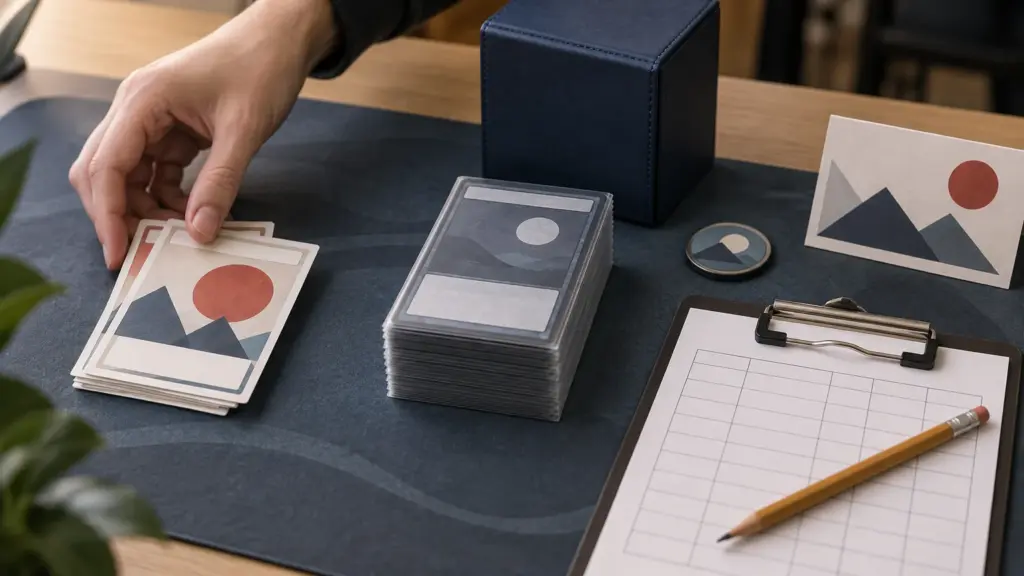 A hand organizes abstract illustrated cards beside a sleeved card deck, dark deck box, checklist clipboard, pencil, and round token on a tabletop play mat.