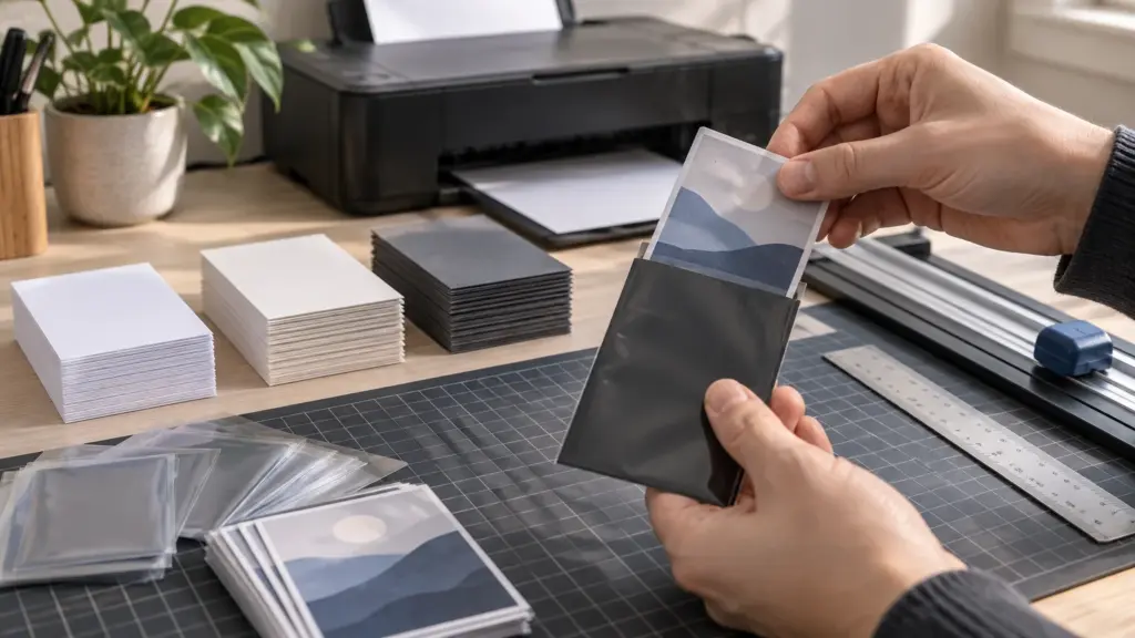 Hands slide a small landscape-print card into a dark sleeve on a gridded cutting mat beside stacks of white and dark cardstock, clear sleeves, a metal ruler, a paper trimmer, and a desktop printer.