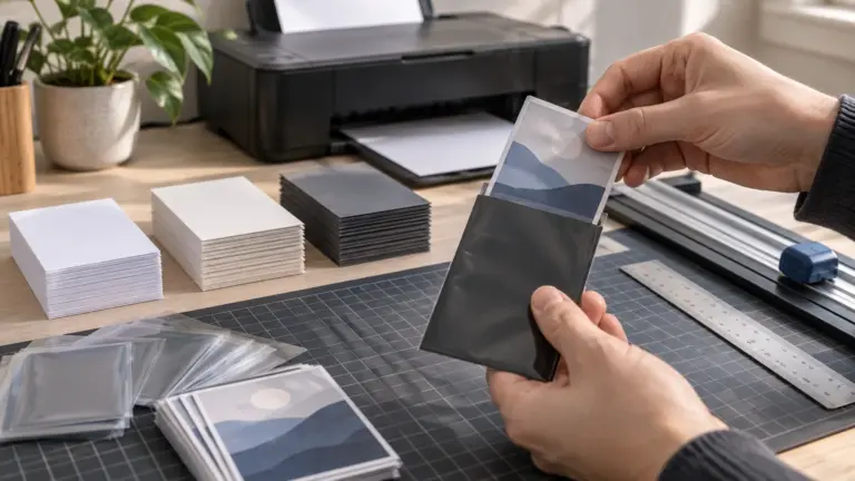 Hands slide a small landscape-print card into a dark sleeve on a gridded cutting mat beside stacks of white and dark cardstock, clear sleeves, a metal ruler, a paper trimmer, and a desktop printer.