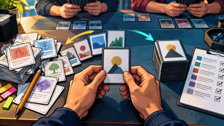 Comic-book-style overhead scene of people testing a card game at a table, with hands holding a simple mountain-and-sun card, rough handwritten placeholder cards, a neatly stacked deck, dice, and a checked decklist.