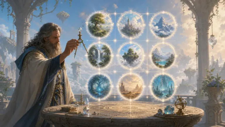 Luminous fantasy scene of a robed wizard using a compass beside a glowing three-by-three grid of circular portals showing forests, castles, mountains, and floating islands.