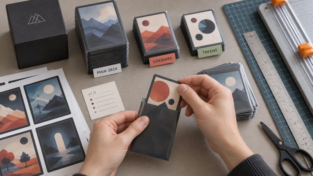 Hands slide an abstract illustrated card into a dark sleeve beside labeled stacks, a cutting mat, ruler, scissors, paper sheet, and tabletop cutter.