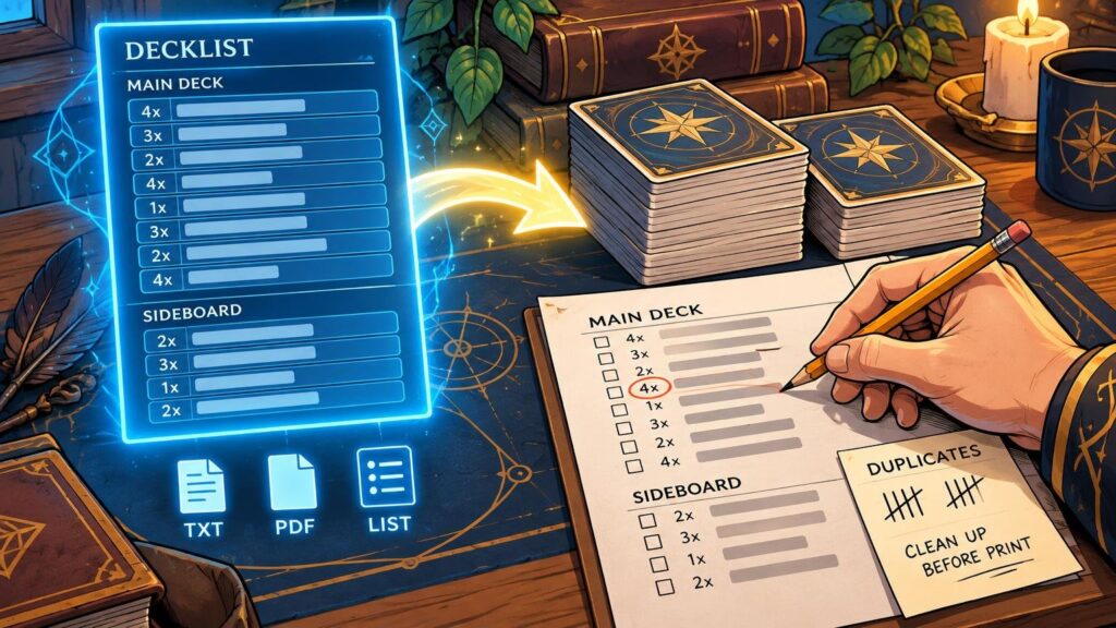 Comic-style illustration of a glowing digital decklist with main-deck and sideboard counts converting into stacks of card backs and a printed checklist, while a hand marks a duplicate count.