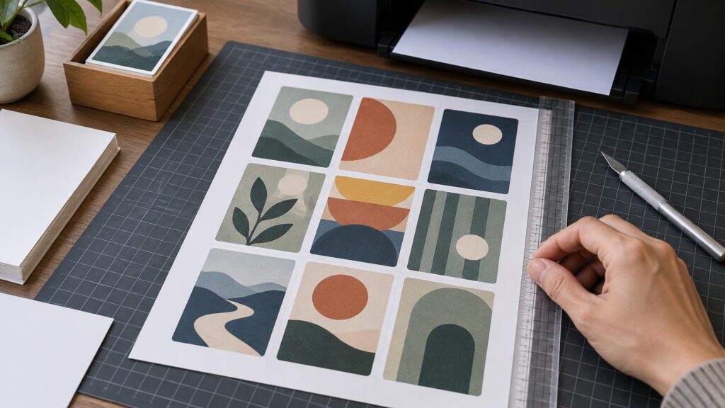 A 3-by-3 sheet of abstract illustrated card fronts rests on a gridded cutting mat beside a clear ruler, craft knife, blank paper stack, wooden card box, and desktop printer.