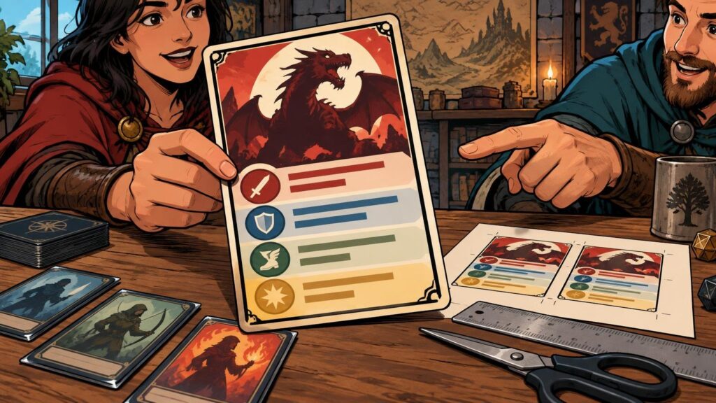 Comic-style scene of two people at a game table holding a large fantasy dragon card beside smaller cards, a printed sizing sheet, ruler, and scissors.