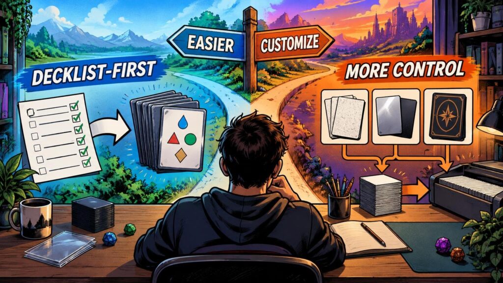 Comic-book-style illustration of a person at a desk choosing between a blue decklist-first path labeled “Easier” and an orange customization path labeled “More Control,” with cards, paper checklists, dice, and printing supplies.