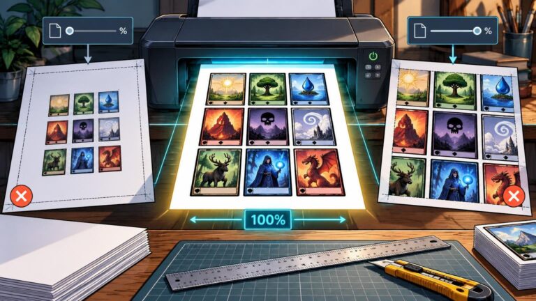 Comic-style illustration of a printer producing a centered sheet of nine fantasy card designs, labeled 100%, with smaller and oversized comparison printouts marked by red X symbols.