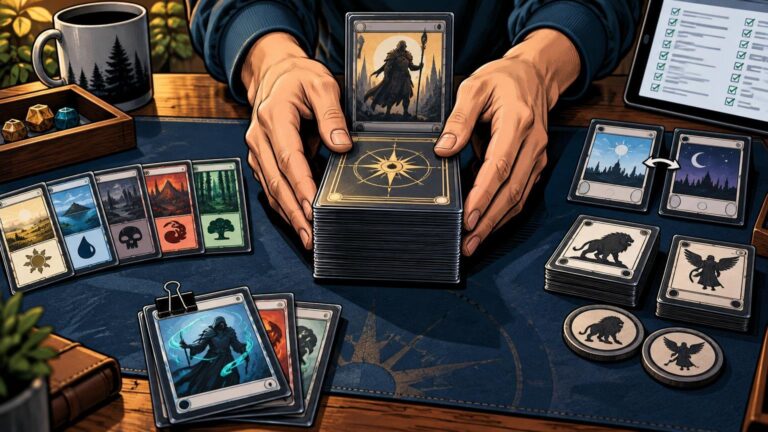 Comic-book-style tabletop scene showing hands arranging a large stack of sleeved fantasy game cards on a blue playmat, with color-coded cards, token stacks, dice, a checklist tablet, and a coffee mug nearby.