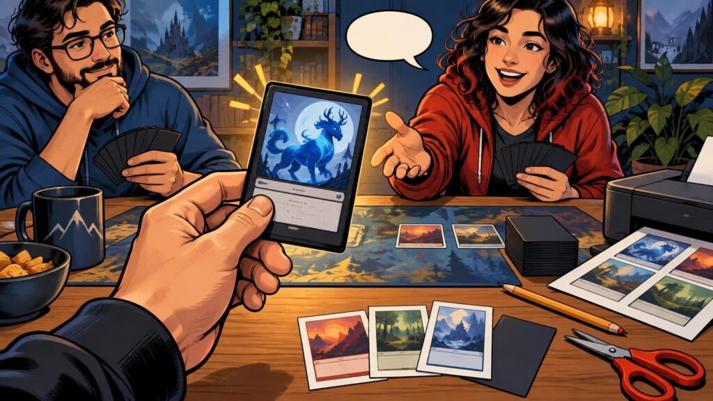Comic-book-style scene of three people at a tabletop card game, with one person holding a fantasy creature card while others hold dark-backed cards; printed card sheets, a printer, scissors, and loose cards suggest a home proxy-making workflow.
