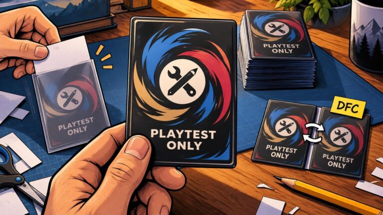 Comic-book-style illustration of hands holding a black card back marked with a crossed wrench-and-pencil emblem and the words “PLAYTEST ONLY,” beside a stack of matching cards, a sleeved insert, craft tools, and two cards labeled “DFC” with circular arrows between them.