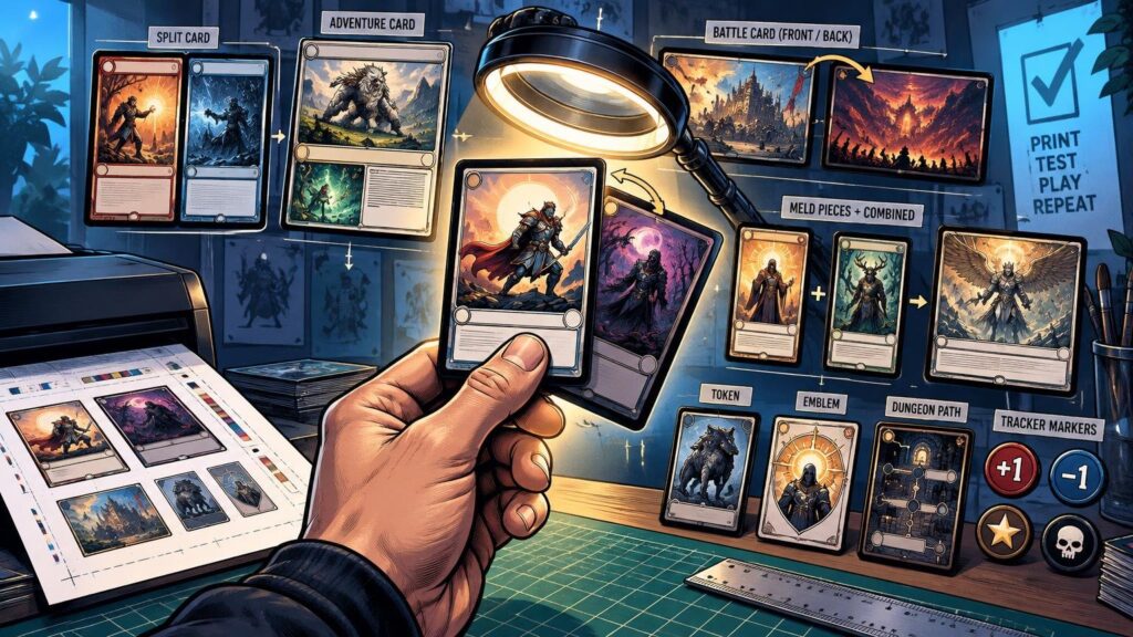 Comic-book-style workshop scene showing a hand holding a fantasy card beneath a magnifying lamp, surrounded by labeled examples of split, adventure, battle, meld, token, emblem, dungeon, and tracker card layouts, plus a printer and proof sheet.