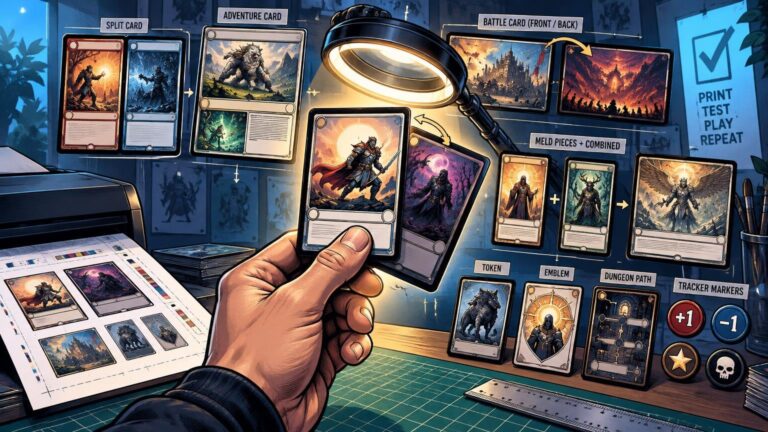Comic-book-style workshop scene showing a hand holding a fantasy card beneath a magnifying lamp, surrounded by labeled examples of split, adventure, battle, meld, token, emblem, dungeon, and tracker card layouts, plus a printer and proof sheet.
